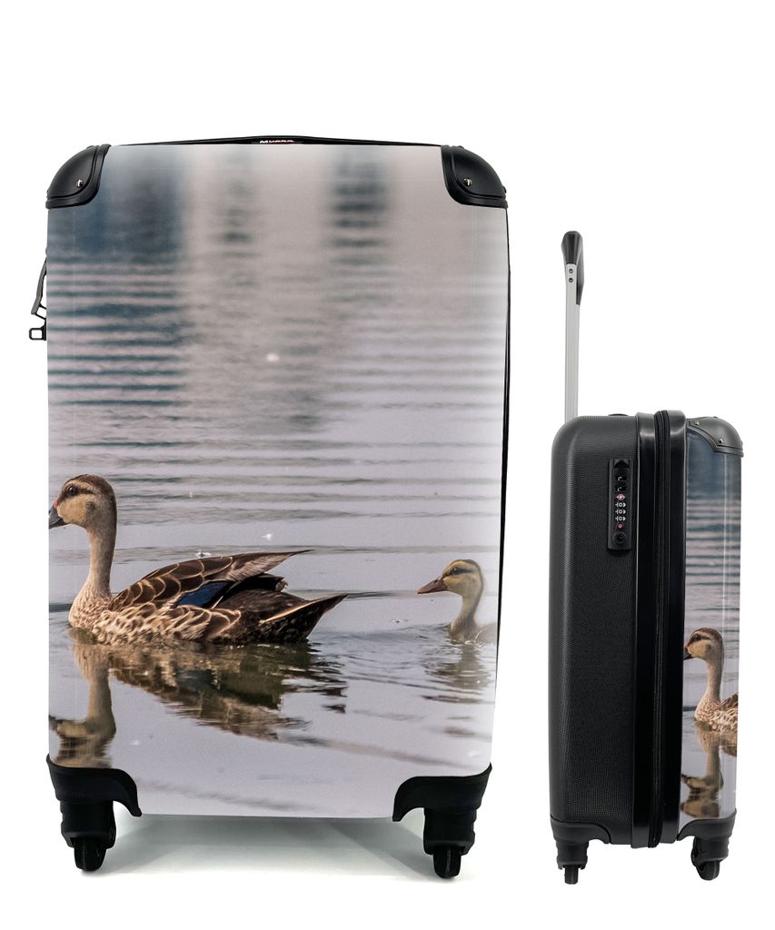 MuchoWow Koffer Handgepäck Trolley Rollkoffer Kleine Reisekoffer mit 4 Rollen - Ente - Wasser - Vogel - Braun - Cabin Size < 55x40x23 cm & 55x40...