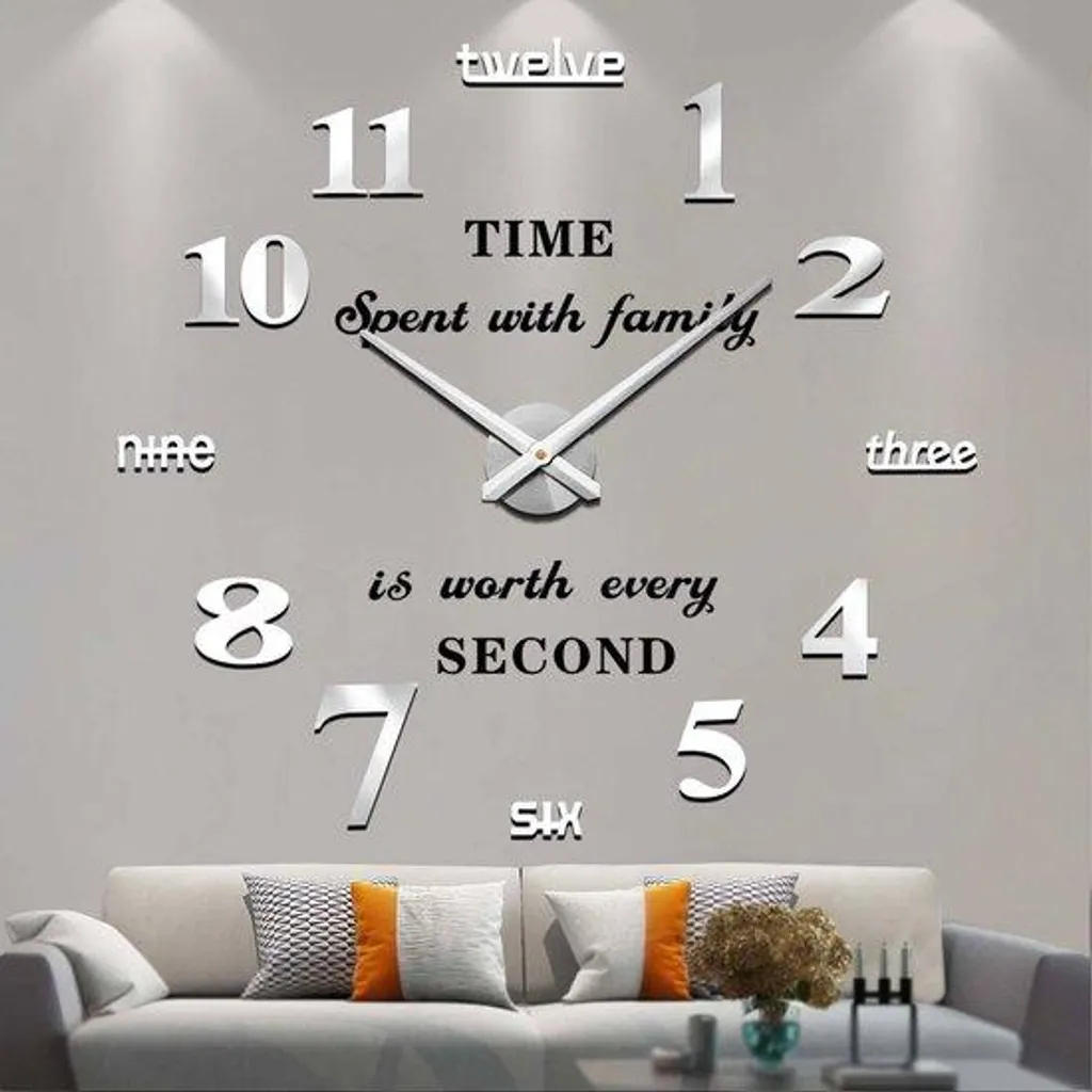 Grande horloge murale salon effet miroir 3D silencieuse et ajustable