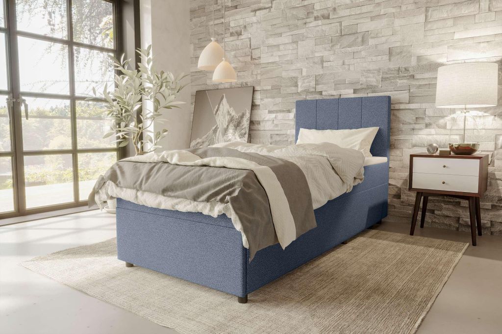 99rooms Kira Mini Boxspringbett Strukturstoff NEVE Blau 120x200 cm