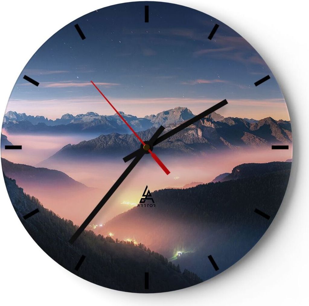 Wanduhr - Rund - Glasuhr - Berge Wolken Nebel - 30x30cm - Schleichendes Uhrwerk - Lautlos - zum Aufhängen bereit - Dekoration Modern - Wanddekorat...