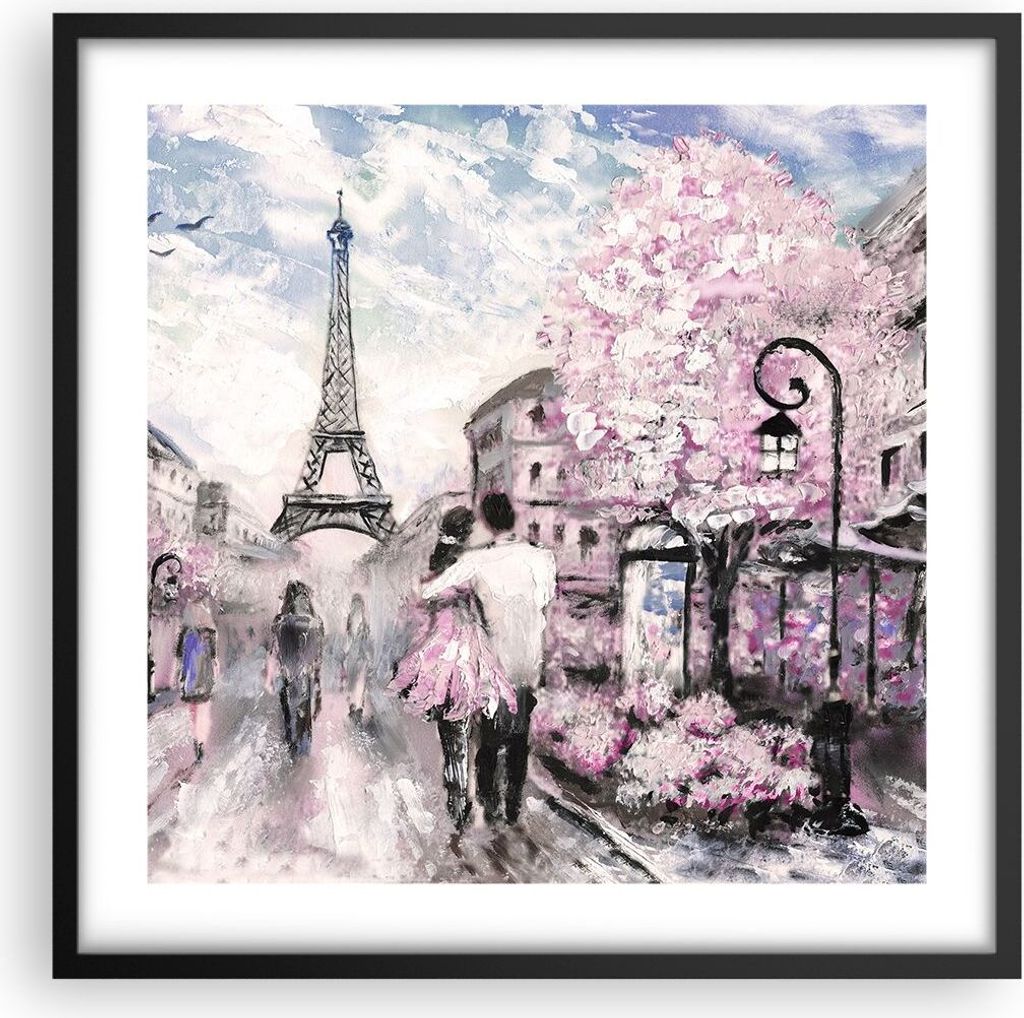 Gerahmtes Poster - Schwarzer Rahmen - Paris Weg Illustration eiffle - 50x50 cm - Wand Bild - Wanddeko - Wandbilder - Wandposter - Bilderrahmen - Bi...