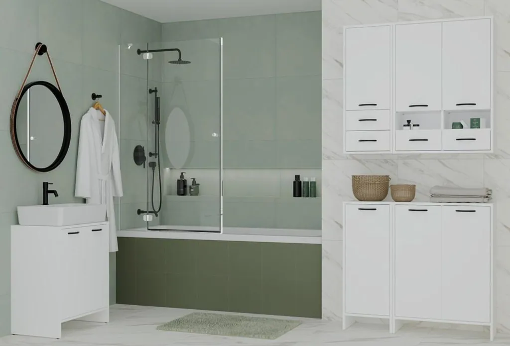 Mobile Colonna Bagno NINA 1K1D: 3 Ripiani e Cesto Bucato Bianco - 5