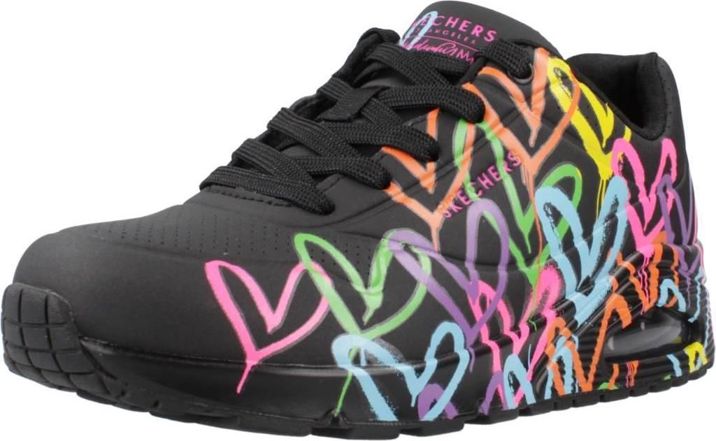 A single black sneaker with colorful heart graffiti is shown against a white background.