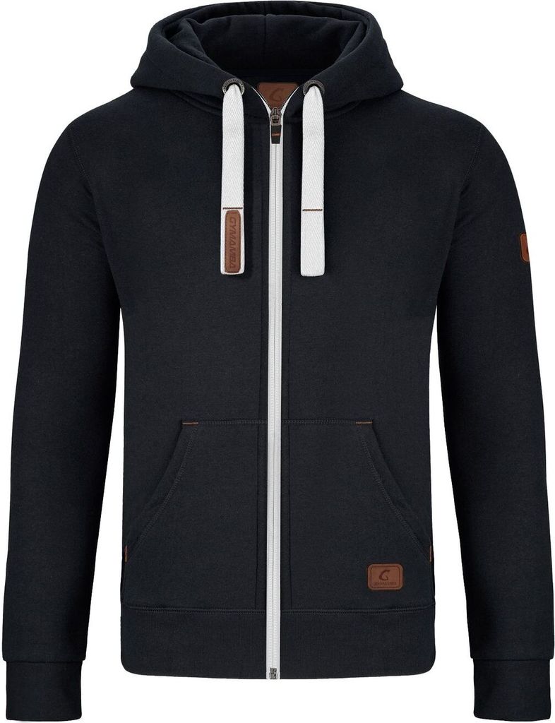 Warme GYMAMBA Sweatjacke Herren mit Lederpatches und Kapuze schwarz/weiß