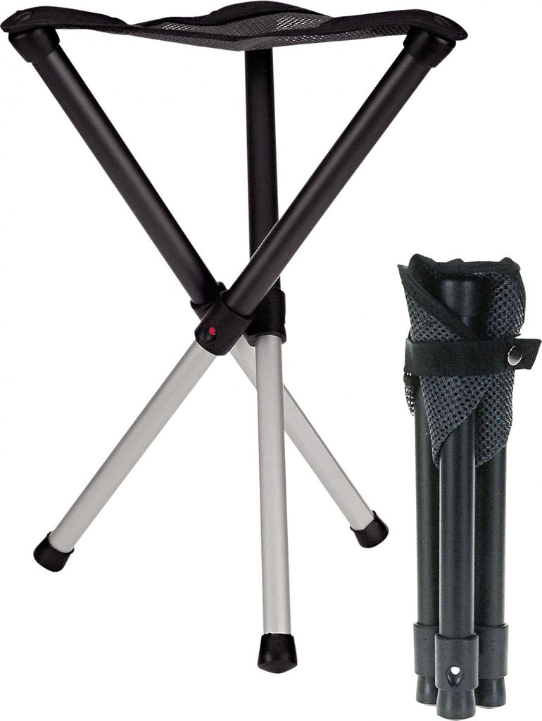 A portable tripod stool and its folded form.