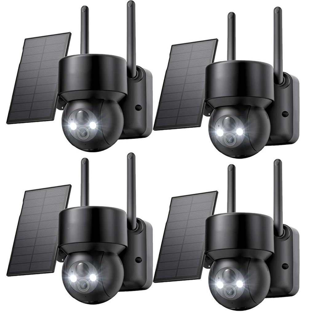 4 Stücke Überwachungskamera Aussen Akku Solar 2K Kamera Überwachung Aussen WLAN Outdoor kabellos 360 Grad PTZ PIR Bewegungsmelder Farbnachtsicht