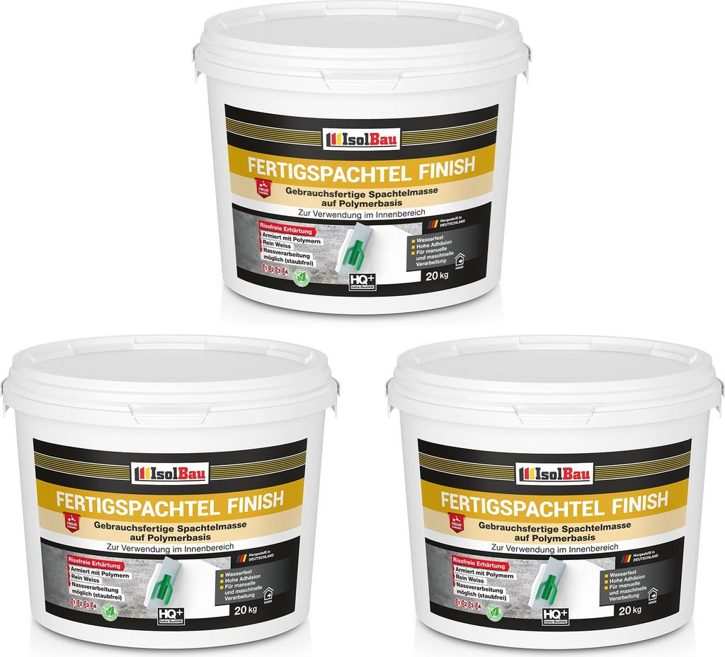 Isolbau Fertigspachtel Finish 60 kg, Glättspachtel Fugenspachtel, Gebrauchsfertige Polymer-Gips Fertig-Spachtelmasse für innen, Weiß Q1-Q11
