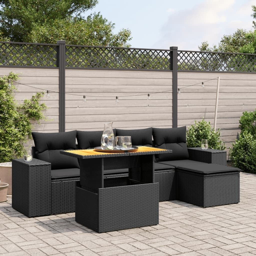 The Living Store 6-tlg. Garten-Sofagarnitur mit Kissen Schwarz Poly Rattan