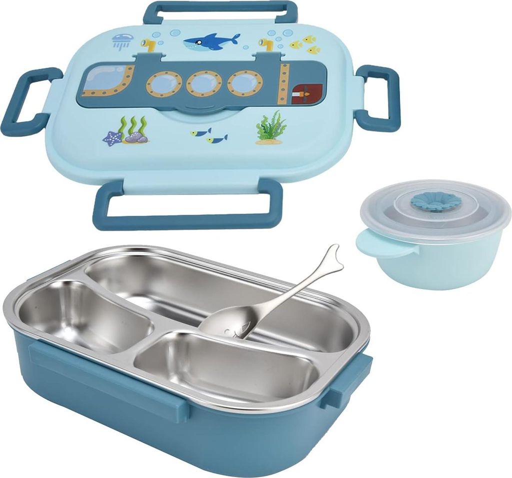 Lunchbox Bento-Boxen aus rostfreiem Stahl, versiegelte Lunchbox, auslaufsichere Cartoon-Lunchbox mit 3 Fächern für Kinder und Erwachsene, blau - ...