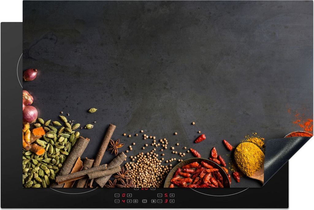KitchenYeah Herdabdeckplatte Kräuter - Lebensmittel - Gewürze - Schwarz - Paprika - Zimt , 81x52cm, Küche Deko, Glaskeramikkochfeld Herdabdeck...