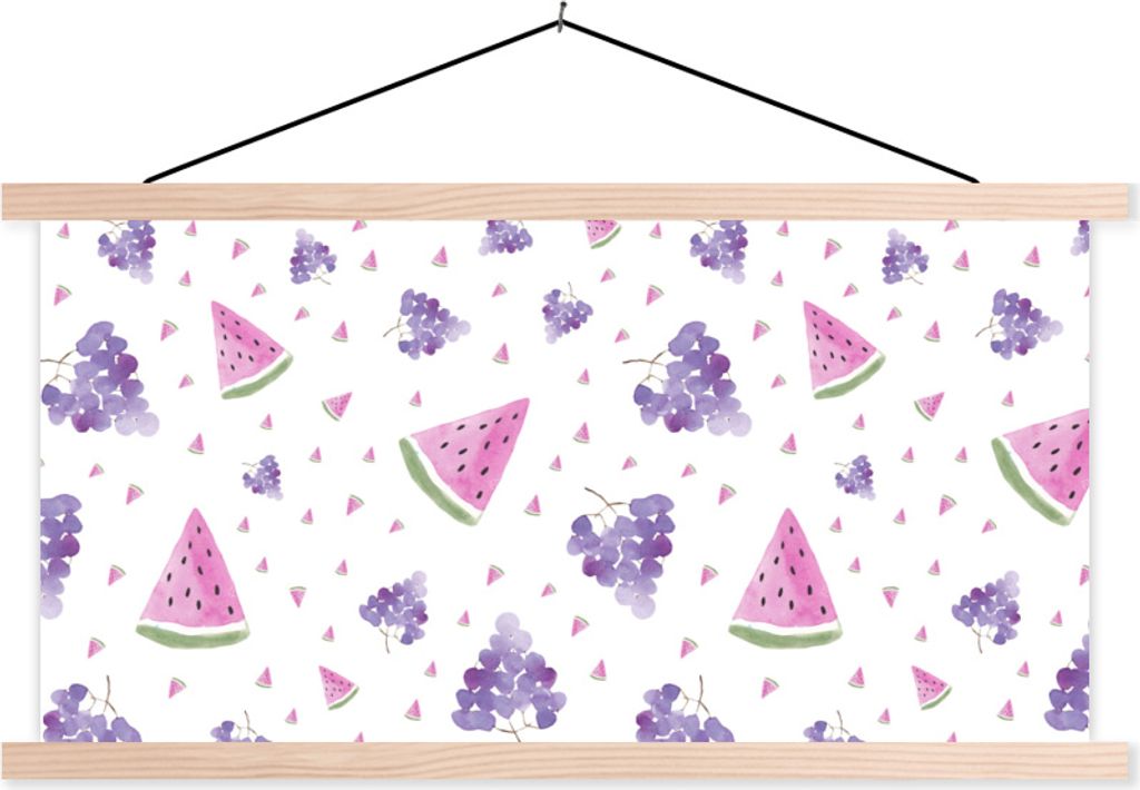 MuchoWow Textilposter Weintrauben - Wassermelone - Muster - Pastell 60x30 cm mit holzfarbenen Rahmen - Dekoration