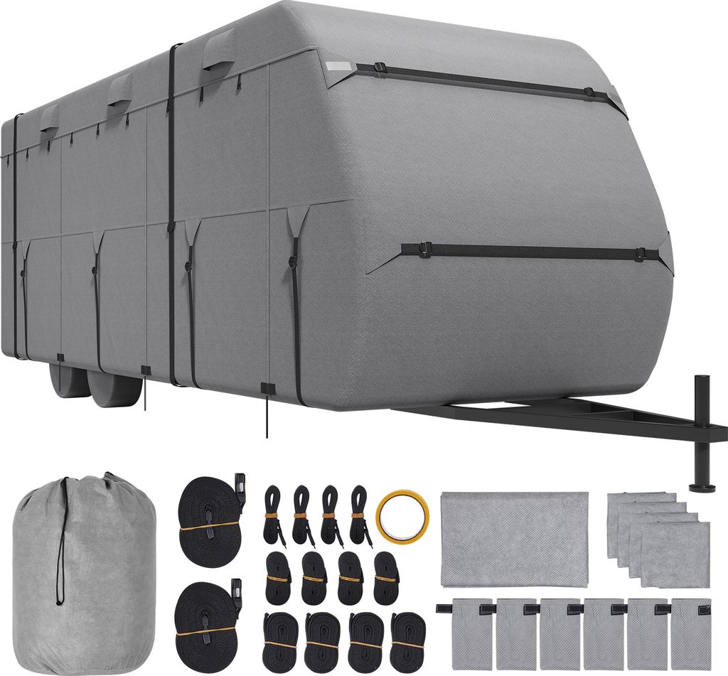 A travel trailer cover and its accessories are displayed.