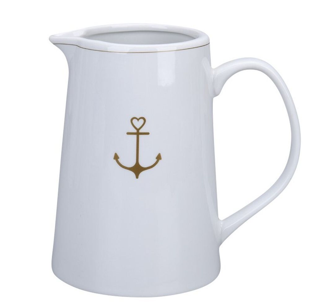 Krasilnikoff Kanne mit ANKER Gold Porzellan Krug 800 ml Karaffe Weiß