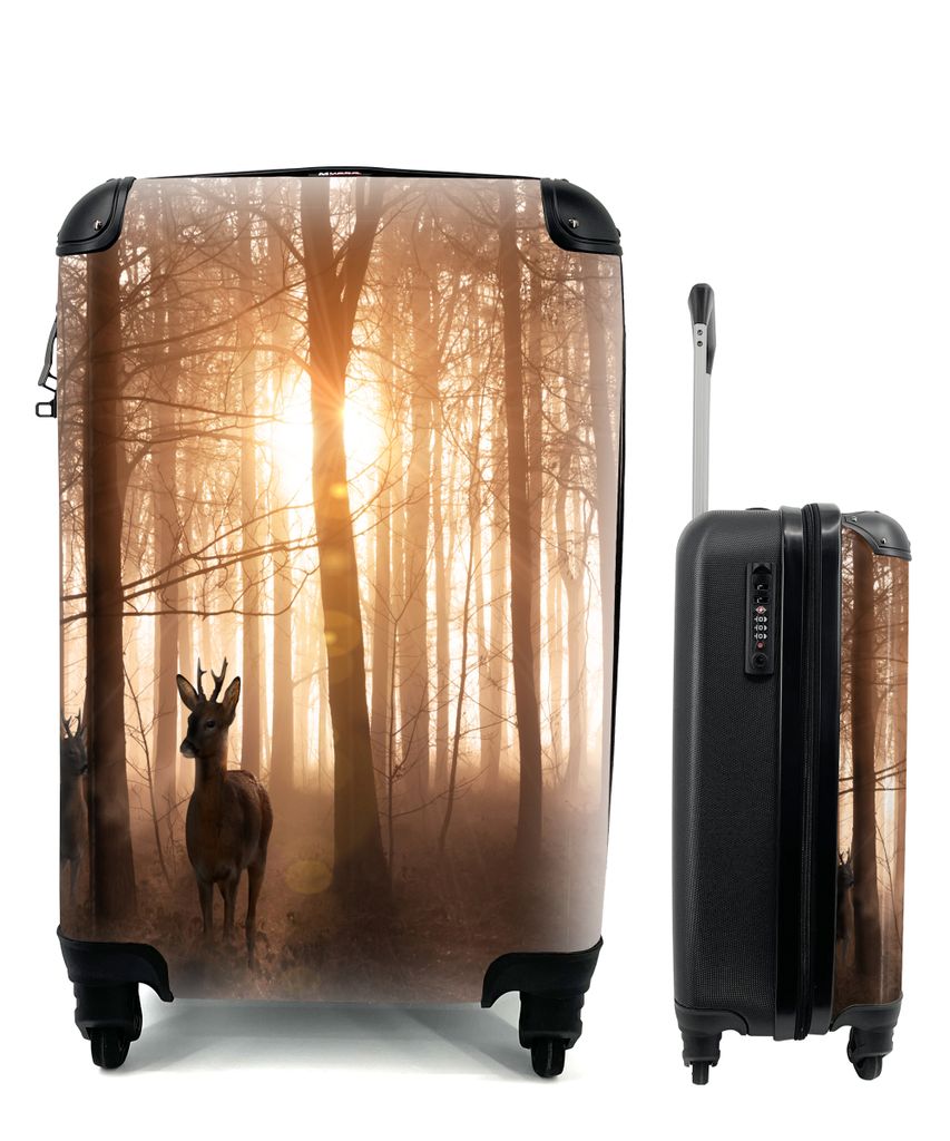 MuchoWow Koffer Handgepäck Trolley Rollkoffer Kleine Reisekoffer mit 4 Rollen - Wald - Hirsche - Sonne - Bäume - Winter - Natur - Tiere - Cabin...