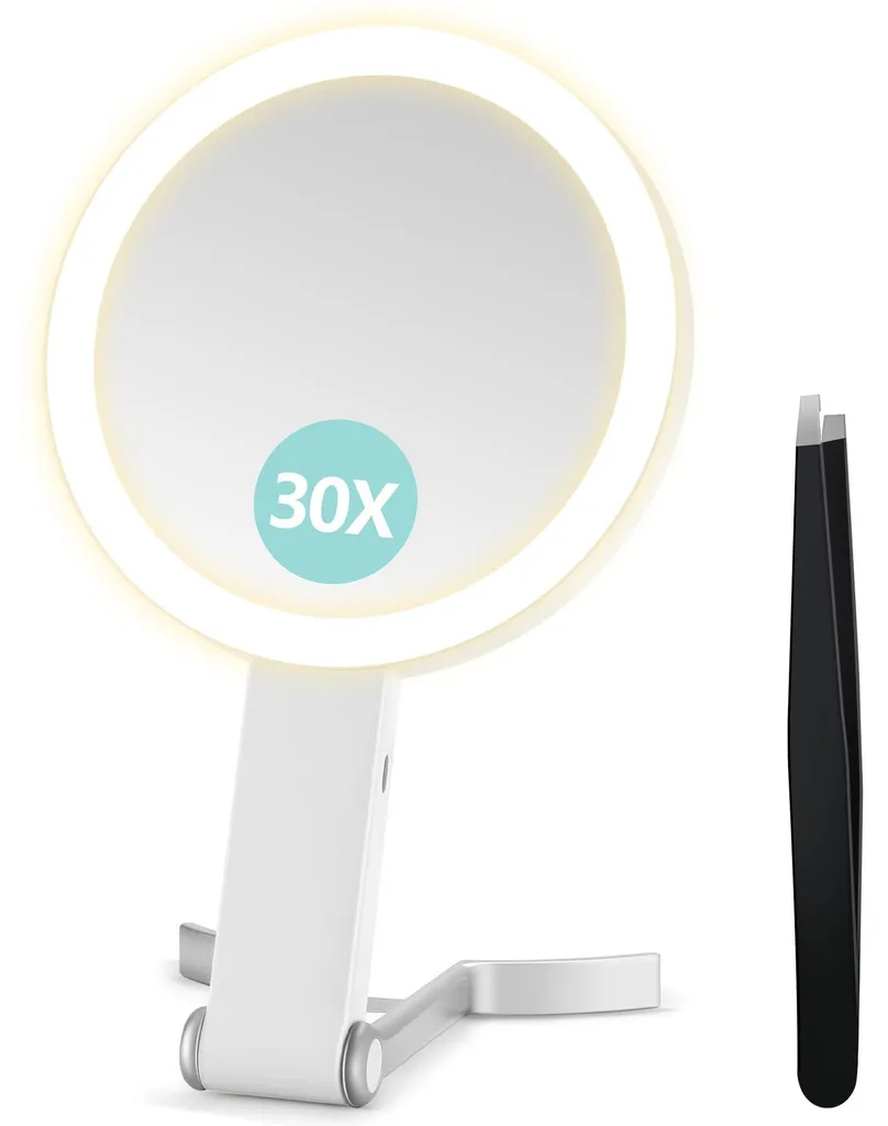Miroir Grossissant 30x Éclairé Rechargeable - Miroir de Maquillage LED