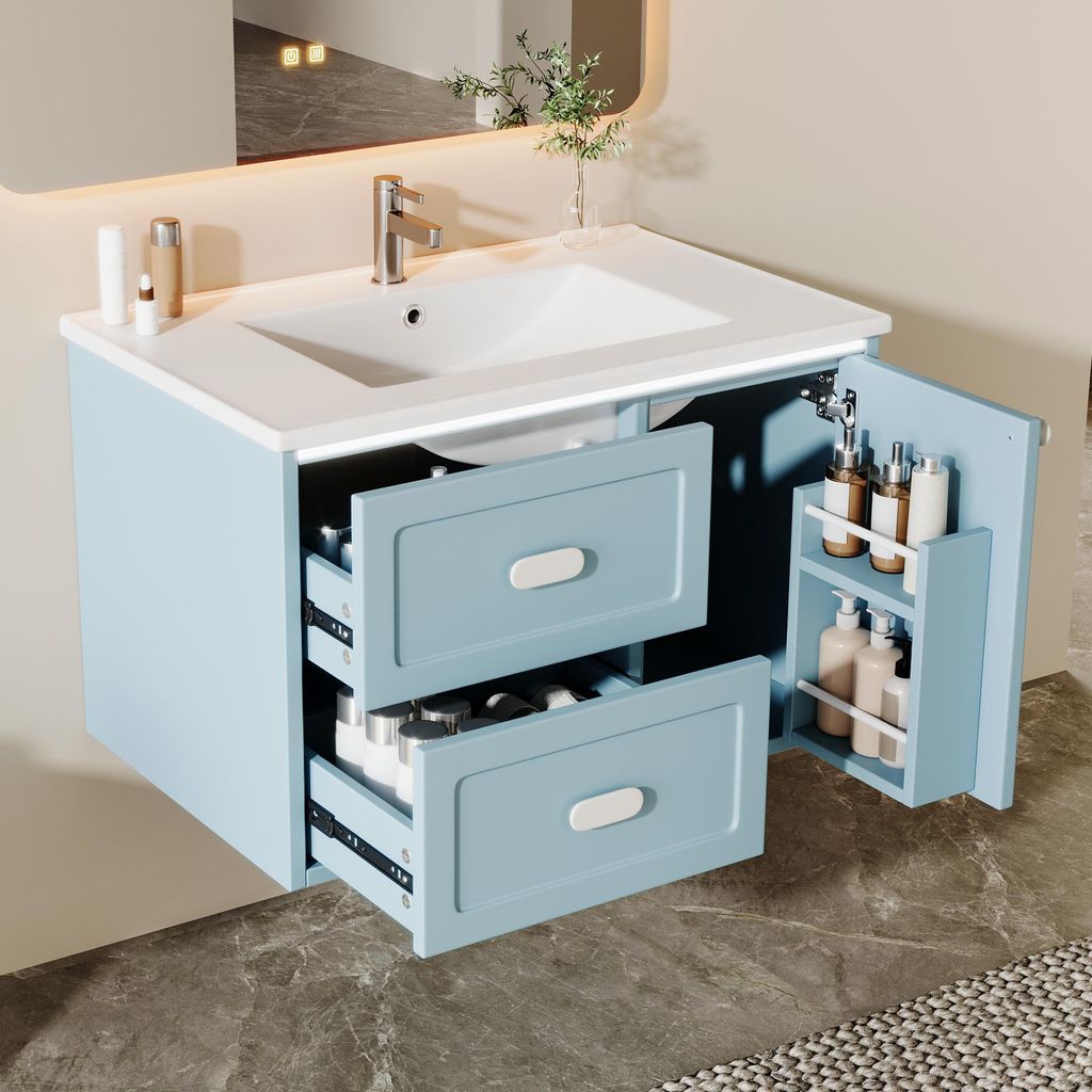 MODFU Badezimmer-Hängeschrank mit zwei Schubladen,leise Gleitschienen,Waschtisch mit LED-Radarsensor-Beleuchtung und einem Fach,Blau