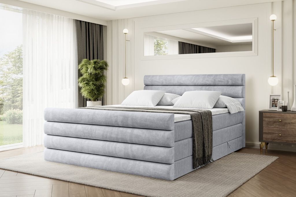 ALTDECOR Boxspringbett mit Fußteil, 2 Matratzen und Topper - 160x200 cm - CELESTIA-Z KING - Hellgrau Samt - Polsterbett mit, H3- und H4- Matratzen...