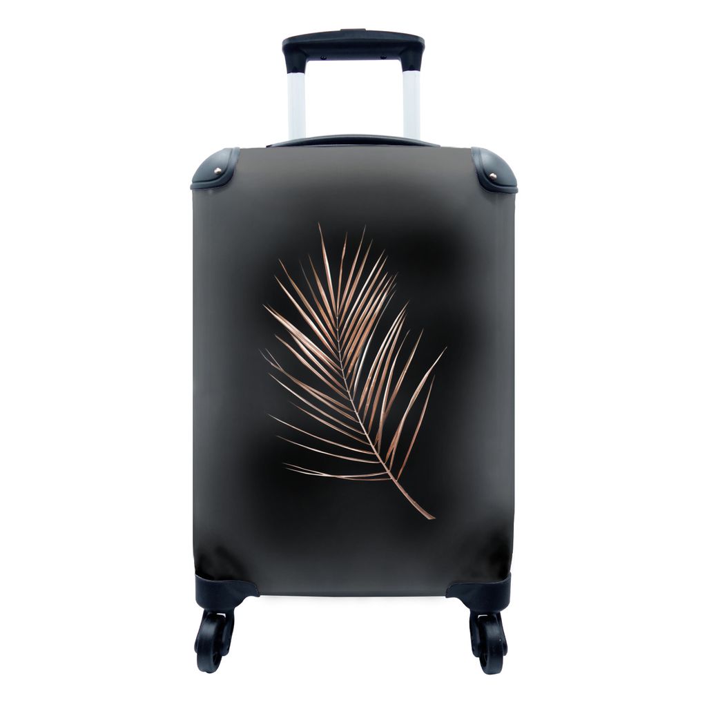 MuchoWow Koffer Handgepäck Trolley Rollkoffer Kleine Reisekoffer mit 4 Rollen - Blatt - Feder - Schwarz und Gold - Cabin Size < 55x40x23 cm & 55...