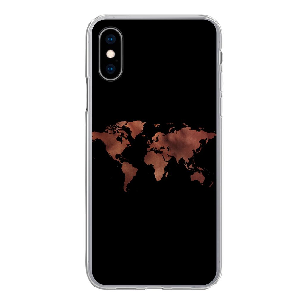 MuchoWow Handyhülle Schutzhülle Hülle für iPhone X Weltkarte - Leder - Schwarz Silikon Softcase Handy Hülle - Handyhülle