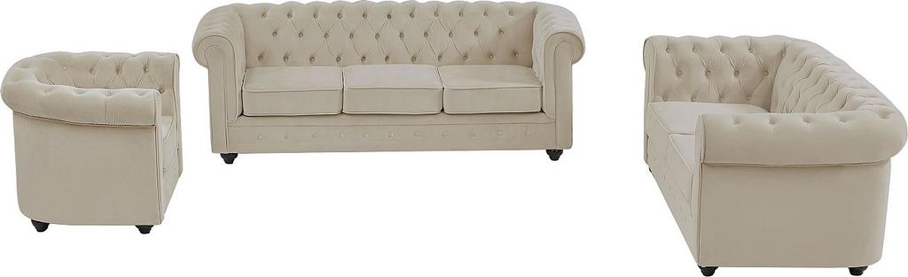 3-Sitzer-Sofa, 2-Sitzer-Sofa und Sessel aus beigem Velours - CHESTERFIELD