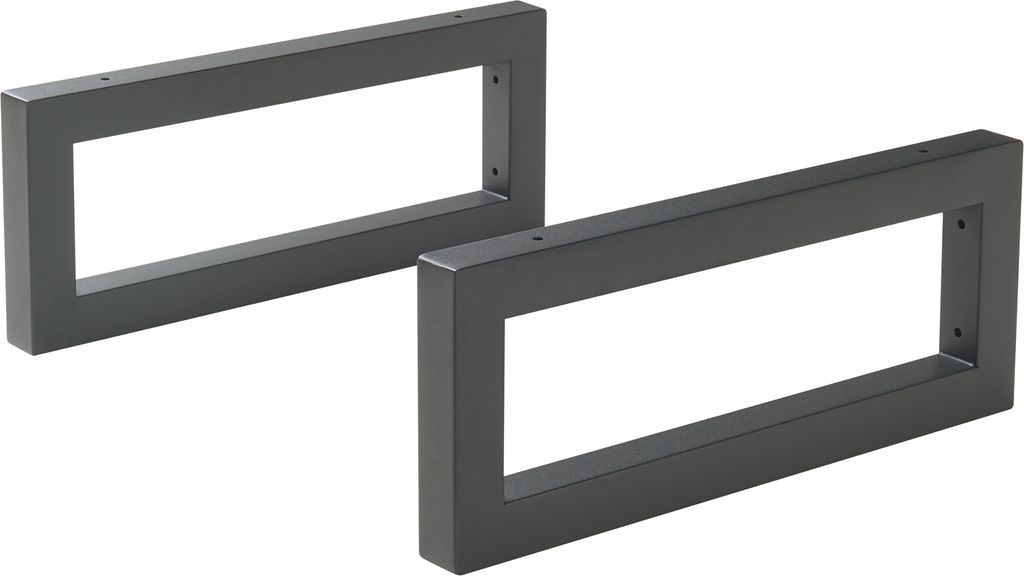 Two black rectangular metal brackets are shown against a white background.