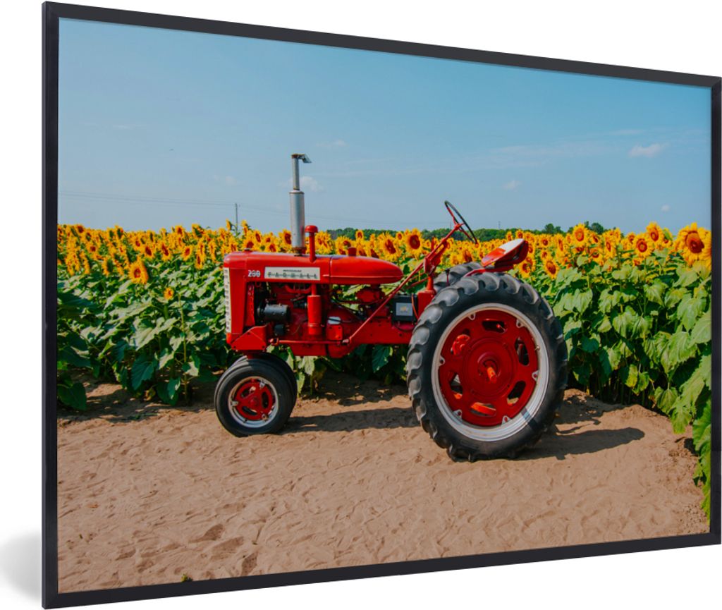 MuchoWow Gerahmtes Poster Traktor - Rot - Sonnenblume - Bauernhof - Blumen 30x20 cm - Poster mit Schwarzem Bilderrahmen Wandposter Rahmen Foto Bi...