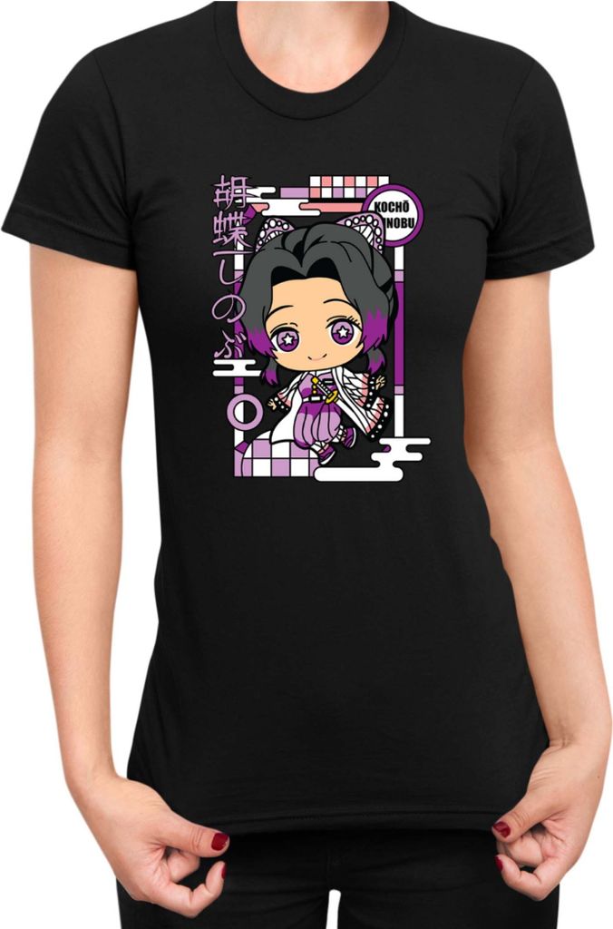 Damen T-Shirt Demon Anime Slayer Kimetsu No Yaiba Chibi Kocho Shinobu, Lady XL / Schwarz