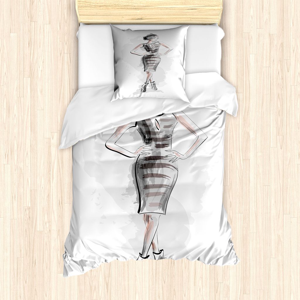 ABAKUHAUS Mode Bettbezug Set für Einzelbetten, Schlanke Dame in einem Kleid, Milbensicher Allergiker geeignet mit Kissenbezug, 135 cm x 200 cm - 8...