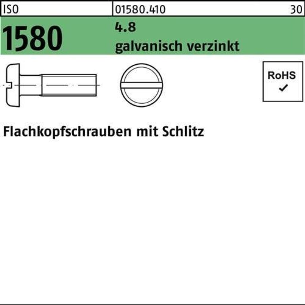 Flachkopfschraube ISO 1580 Schlitz M6x 20 4.8 galv.verz. 200 Stück