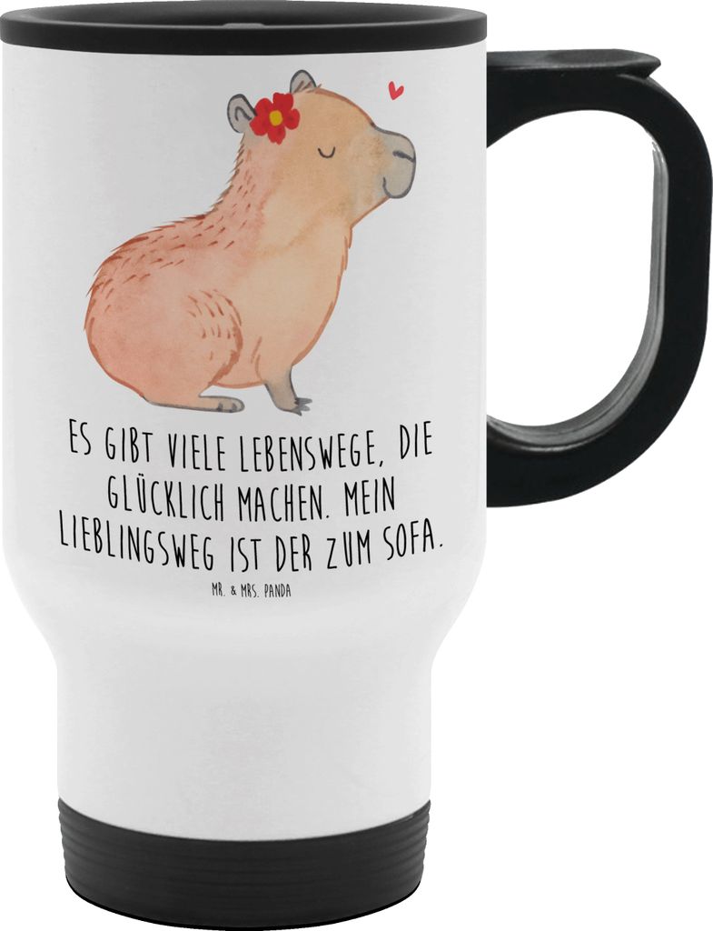 Mr. & Mrs. Panda Thermobecher Capybara Blume - Weiß - Geschenk, Tiere, thermosbecher, Kaffeebecher To Go, To-Go-Becher, Teebecher