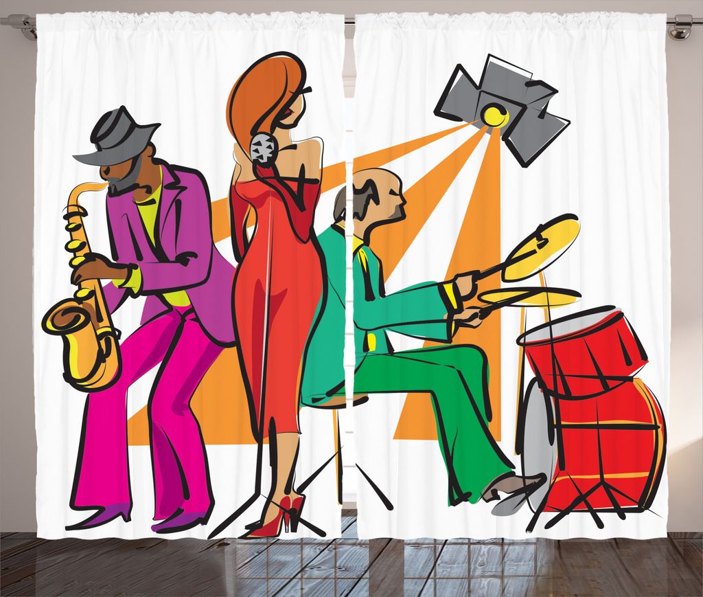 ABAKUHAUS Bunt Rustikaler Vorhang, Jazzband auf der Bühne, Wohnzimmer Universalband Gardinen mit Schlaufen und Haken, 280 x 225 cm, Mehrfarbig
