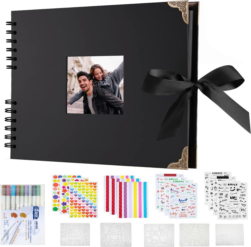 ASKSA Fotoalbum zum Selbstgestalten, Scrapbook 80 Schwarze Seiten Fotobuch zum Einkleben,DIY Geschenk Scrapbooking Set,Schwarz