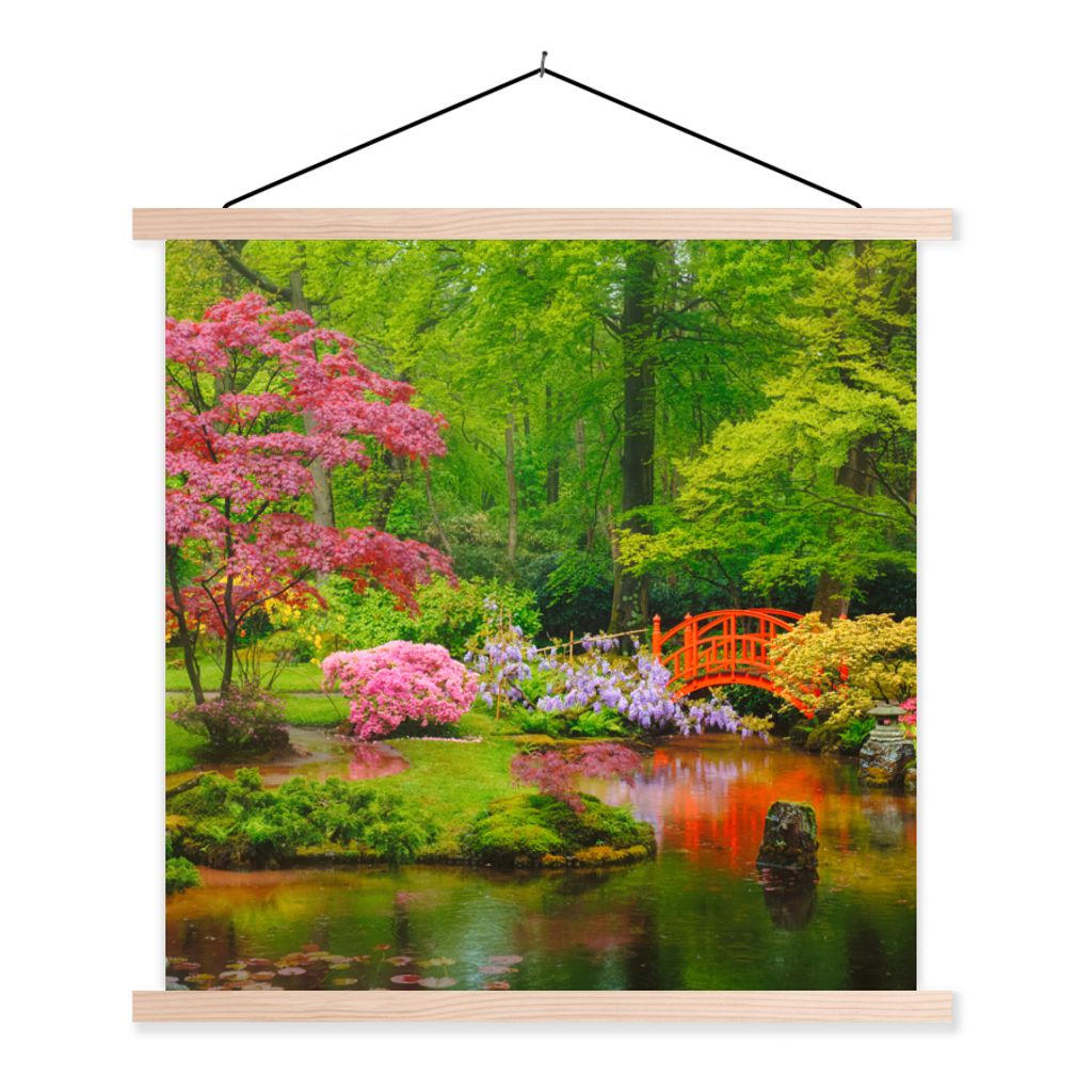 MuchoWow Textilposter Brücke - Japanisch - Botanisch - Bäume - Blumen 60x60 cm mit holzfarbenen Rahmen - Wanddekoration