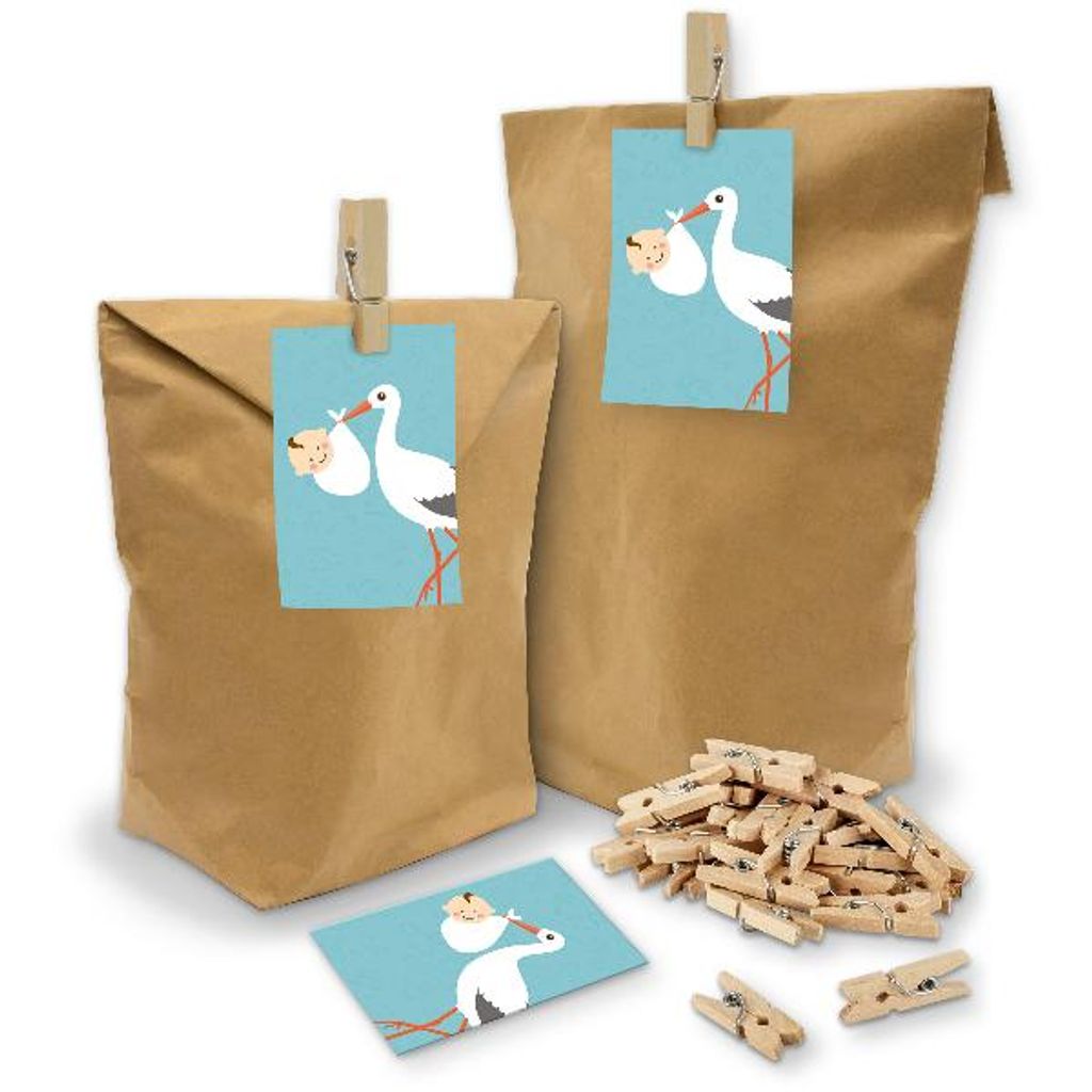 itenga SET Geschenktüten "Storch mit Baby" mint 24x Tüten+Klammern+Kärtchen