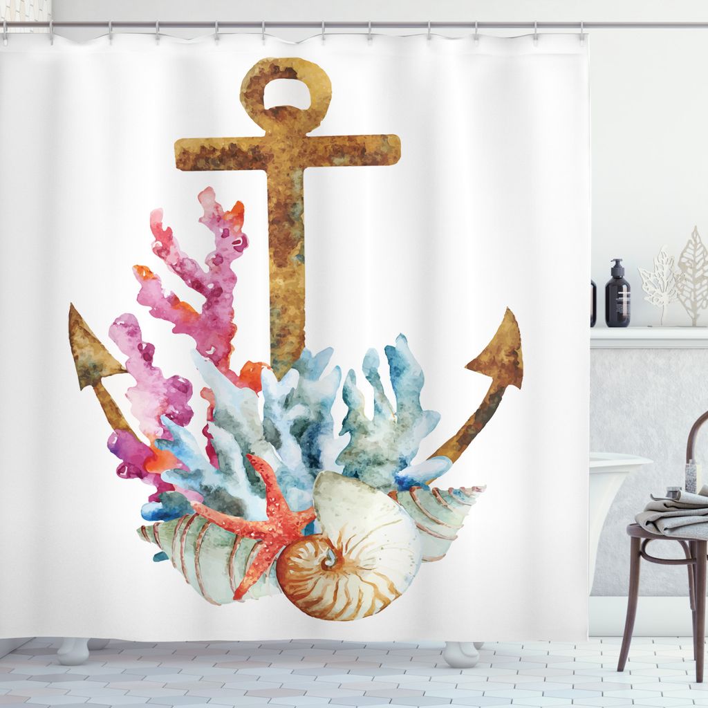 ABAKUHAUS Anker Duschvorhang, Anchor Korallen Algen, aus Stoff inkl.12 Haken Digitaldruck Farbfest Langhaltig Bakterie Resistent, 175 x 180 cm, Kar...