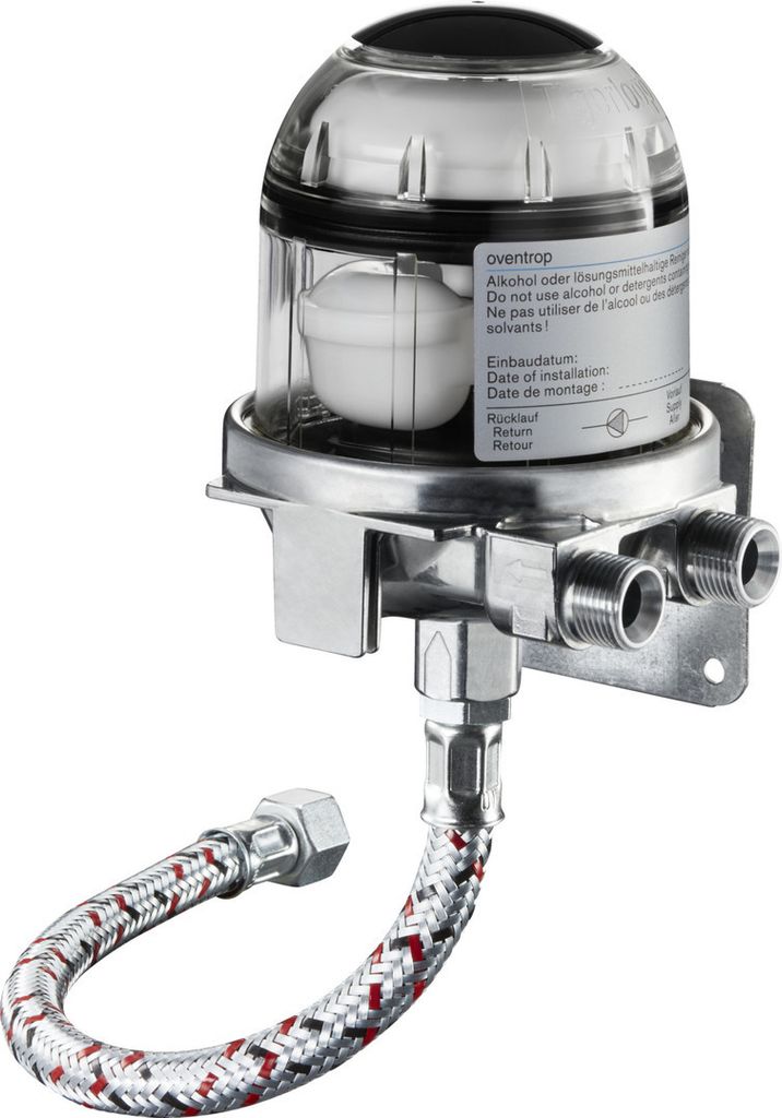 A close-up studio shot of an Oventrop oil filter with a flexible hose attached.