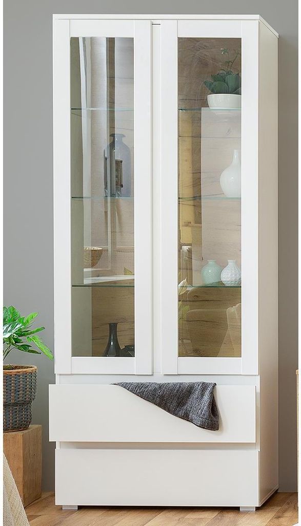 Vitrine Beistellschrank Holzvitrine Standvitrine Vitrinenschrank "Ravenna I" Weiß matt