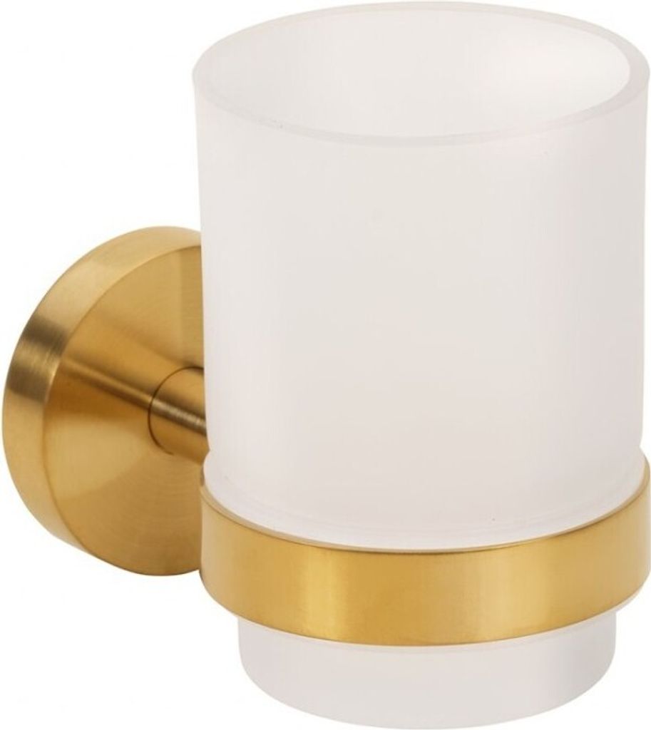 BABLO Glashalter mit Glas Messing Milchglas Gold matt 105x70x95 mm für Bad & Küche >> zum Bohren oder Kleben