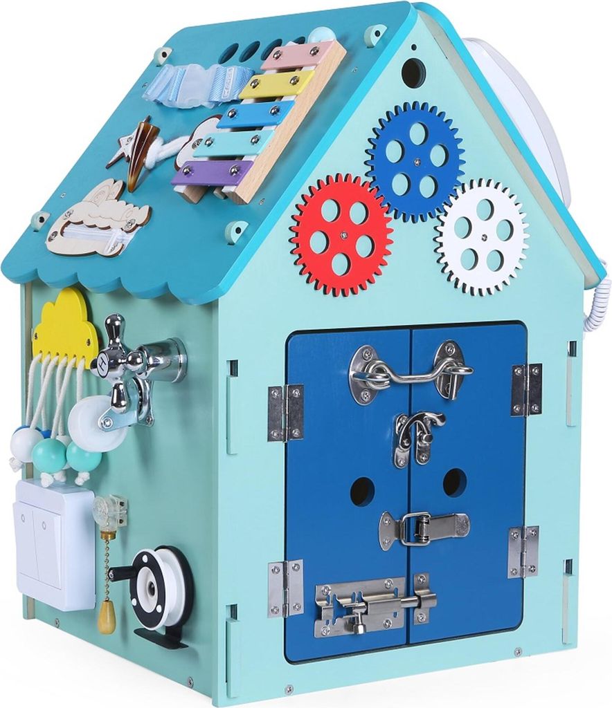 A wooden activity house toy with various interactive elements.