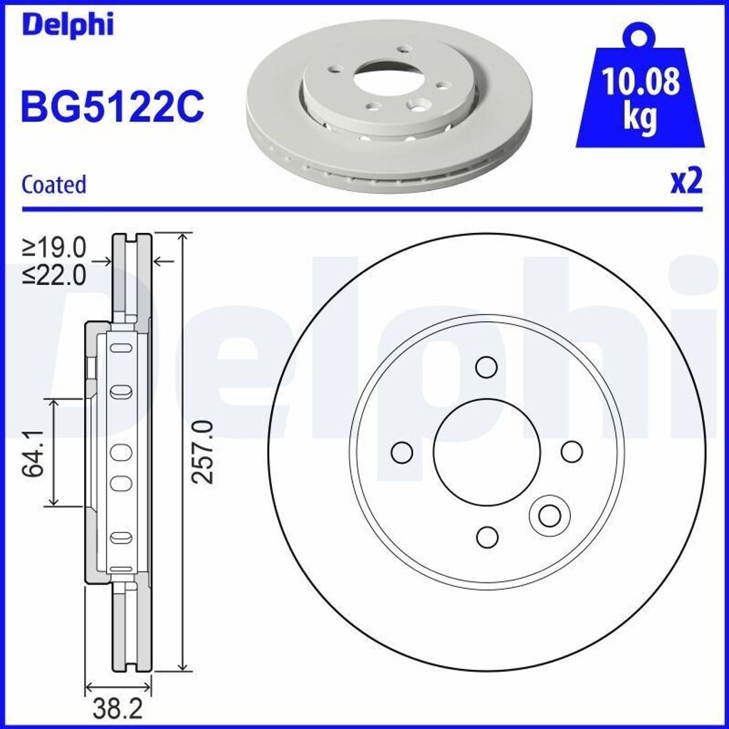 2x DELPHI Bremsscheibe BG5122C 38 2 38mm 257mm Produktbild 
