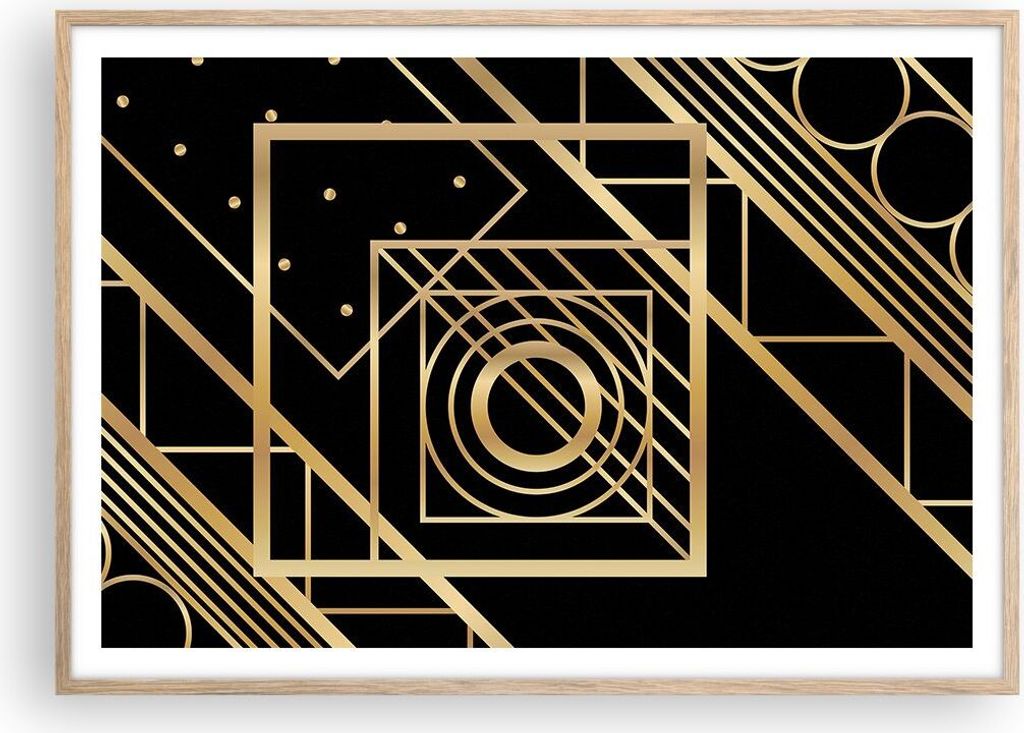 Gerahmtes Poster - Rahmen in heller Eiche - Abstraktion Quadrat Gold - 100x70 cm - Wand Bild - Wanddeko - Wandbilder - Kunstposter - Wandposter - B...