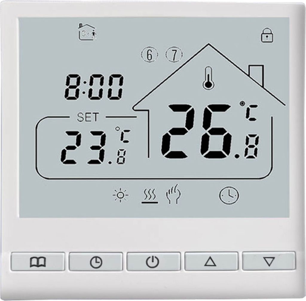 A digital thermostat display showing the current time, set temperature, and room temperature.