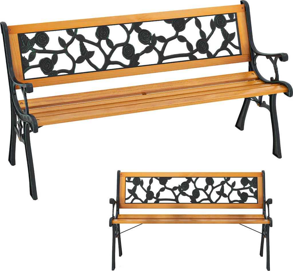 KOMFOTTEU Gartenbank, 2-Sitzer, Parkbank aus Kiefernholz, Parkstuhl mit Rückenlehne, Belastung 210 kg, Metallrahmen, für Balkon, Terrasse