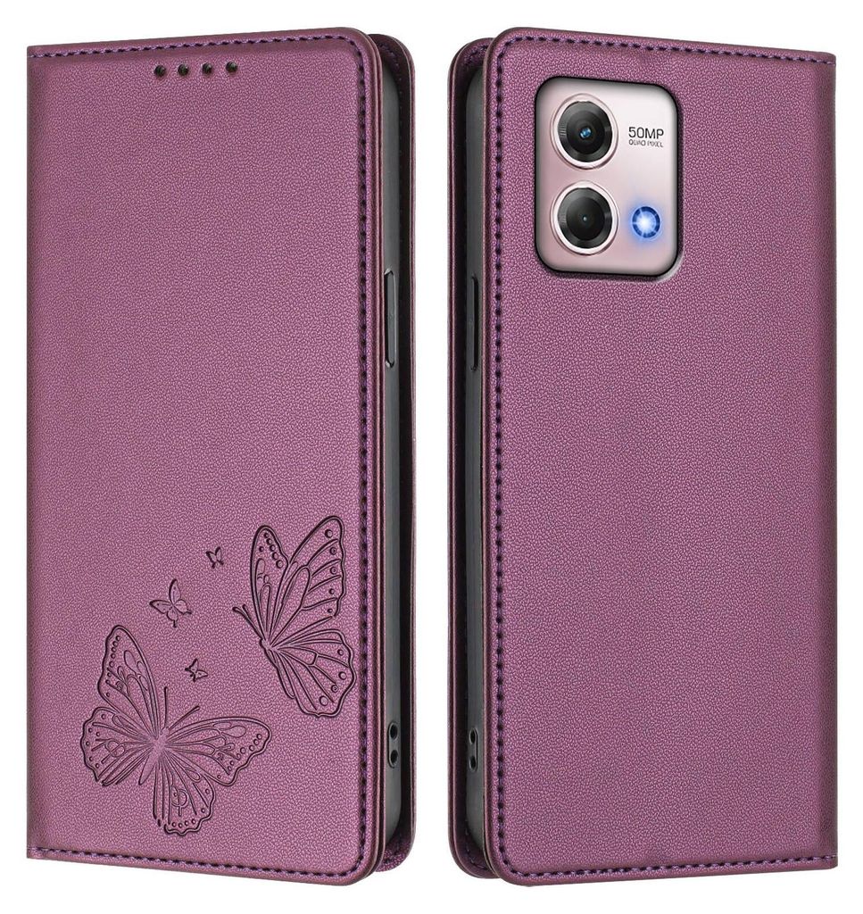 Lederhülle für Motorola Moto G Stylus 2023 4G, Schmetterling Prägung Leder Brieftasche Schutzhülle mit Ständer Lila