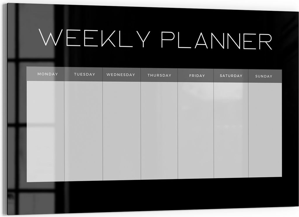 DEQORI Magnettafel Glas 90x60 cm 'Planer V2 Schwarz (EN)' beschreibbar Whiteboard Küche