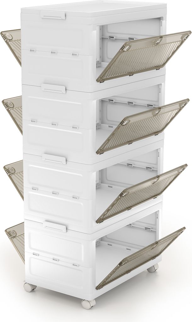 A stack of four white storage boxes with transparent gray lids, some of which are open.