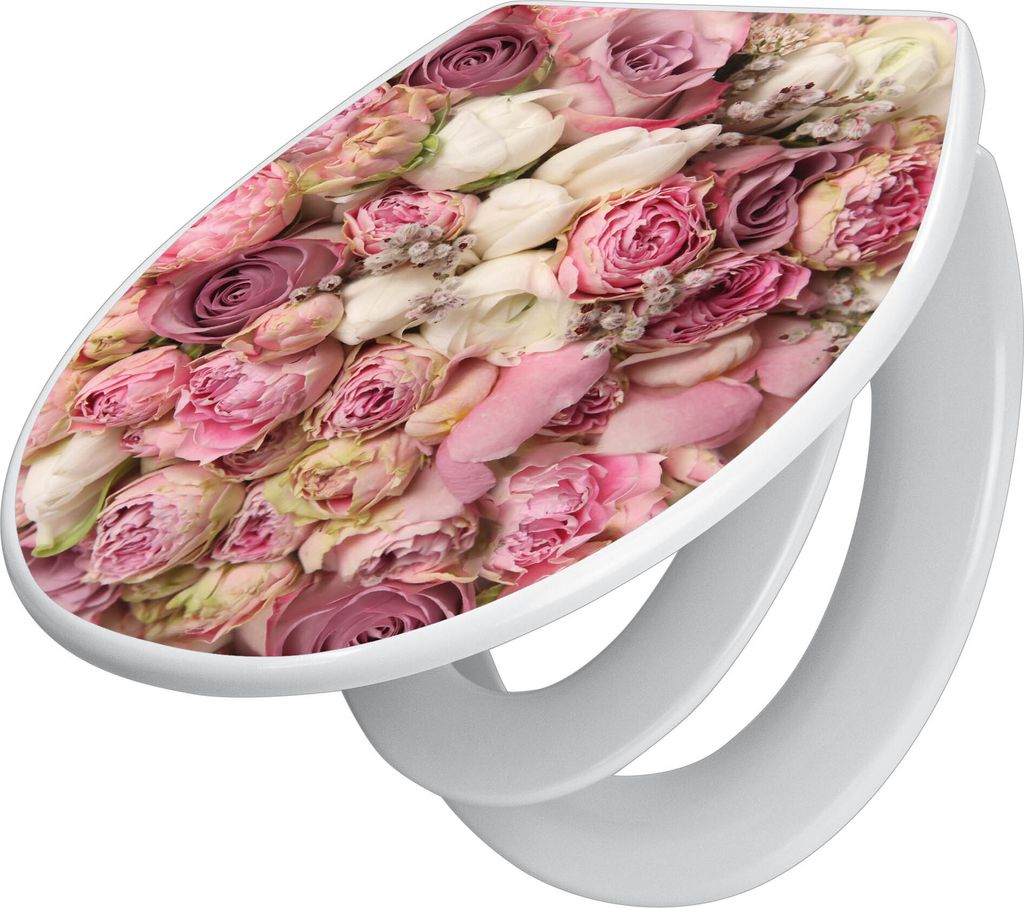 banjado Familien WC Sitz mit Absenkautomatik 37x44,5x5cm -Strauss Rosen - Klodeckel/Klobrille mit kindersitz aus hochwertigem Polypropylen - univer...