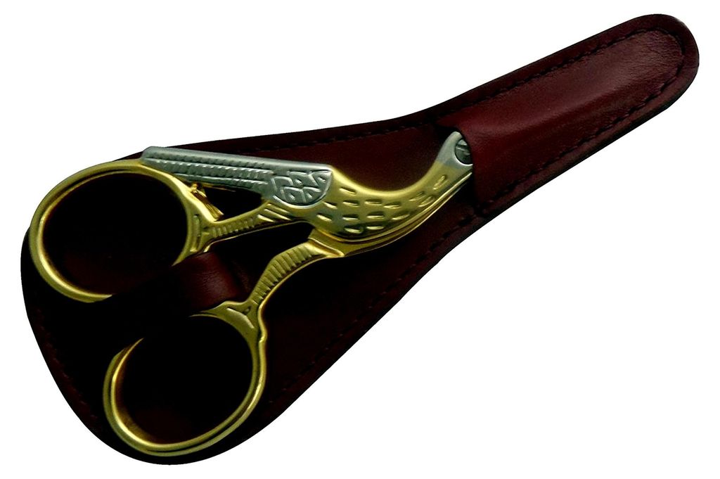Storch Stickschere 9 cm vergoldet mit Bordeaux Scheide - Italy