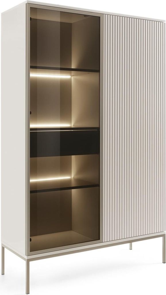 A modern display cabinet with glass doors and LED lighting.