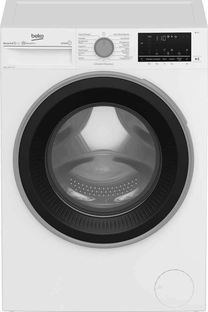 Beko B3WFU59415W2 b300 Waschvollautomat, 9 kg, Waschmaschine, Restzeitanzeige, 1400 U/min, Dampffunktion, AddXtra-Nachlegefunktion, Bluetooth, Stai...